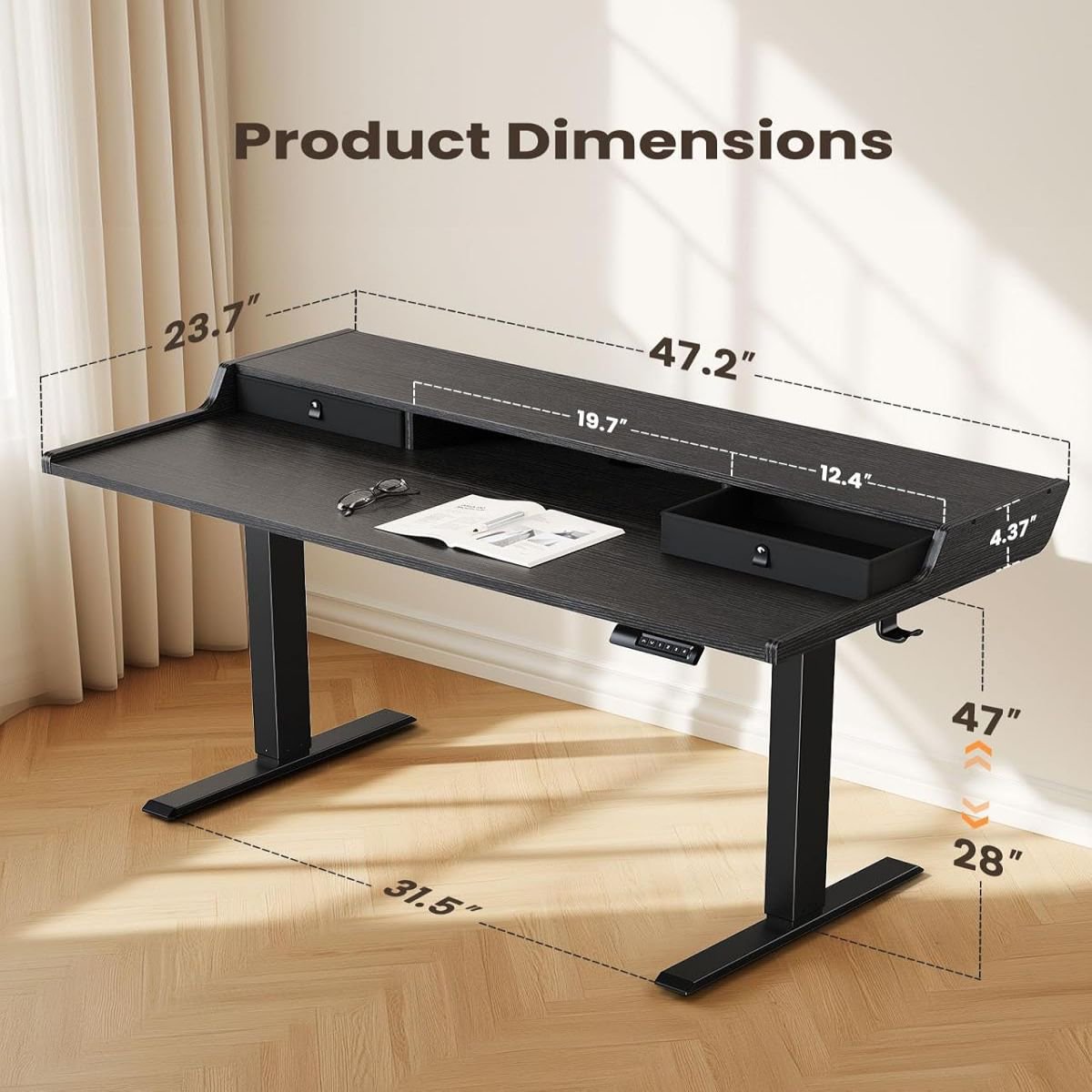Electric Standing Desk with Drawers, 48" x 24" Gaming Desk with Monitor Stand, Black
