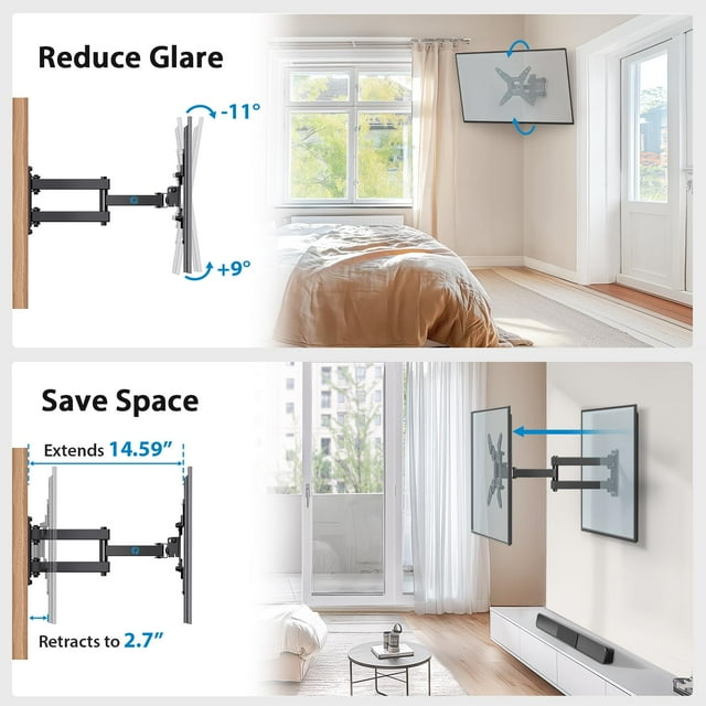 MountFTV Full Motion TV Monitor Wall Mount Bracket Articulating Arms Swivels Tilts Extension Rotation for 13-42 inch Flat Curved TVs Monitors, Max 200x200mm, Holds up to 44lbs