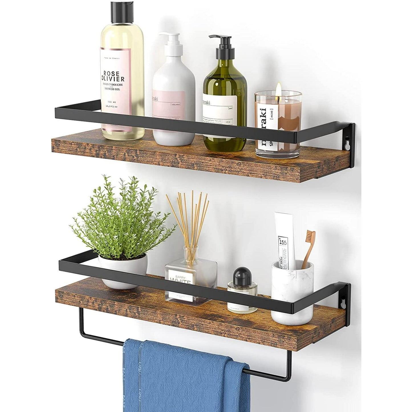 2 Pack Wall Decor Wood Rustic Floating Shelves, Storage Shelves with Towel Bar for Bathroom, Kitchen, Bedroom, Living Room