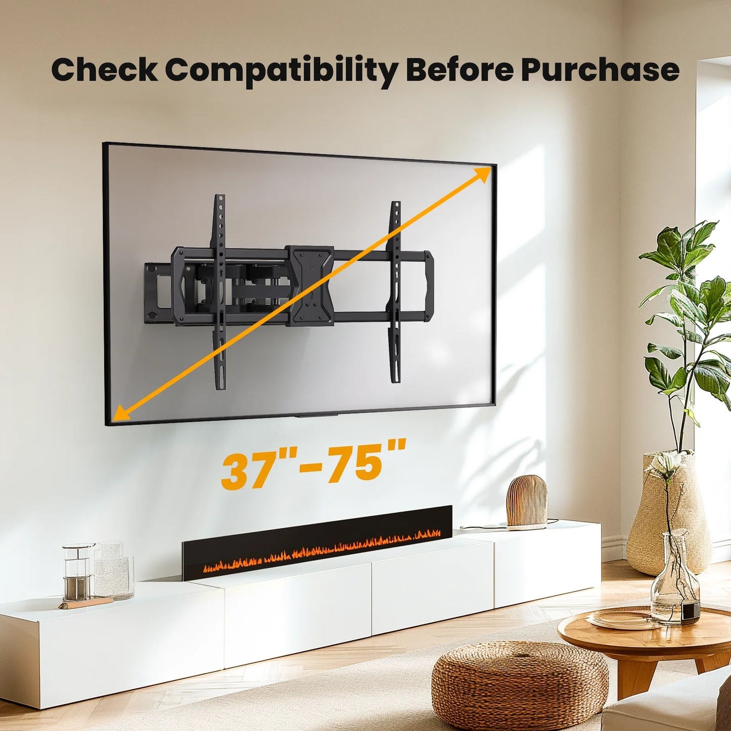 MountFTV Full Motion TV Wall Mount Bracket for 37-75 inch LED LCD OLED Curved TVs Monitors, Dual Articulating Extension Arms Tilt Swivel TV Wall Mount , Max 600x400mm, Holds up to 100lbs