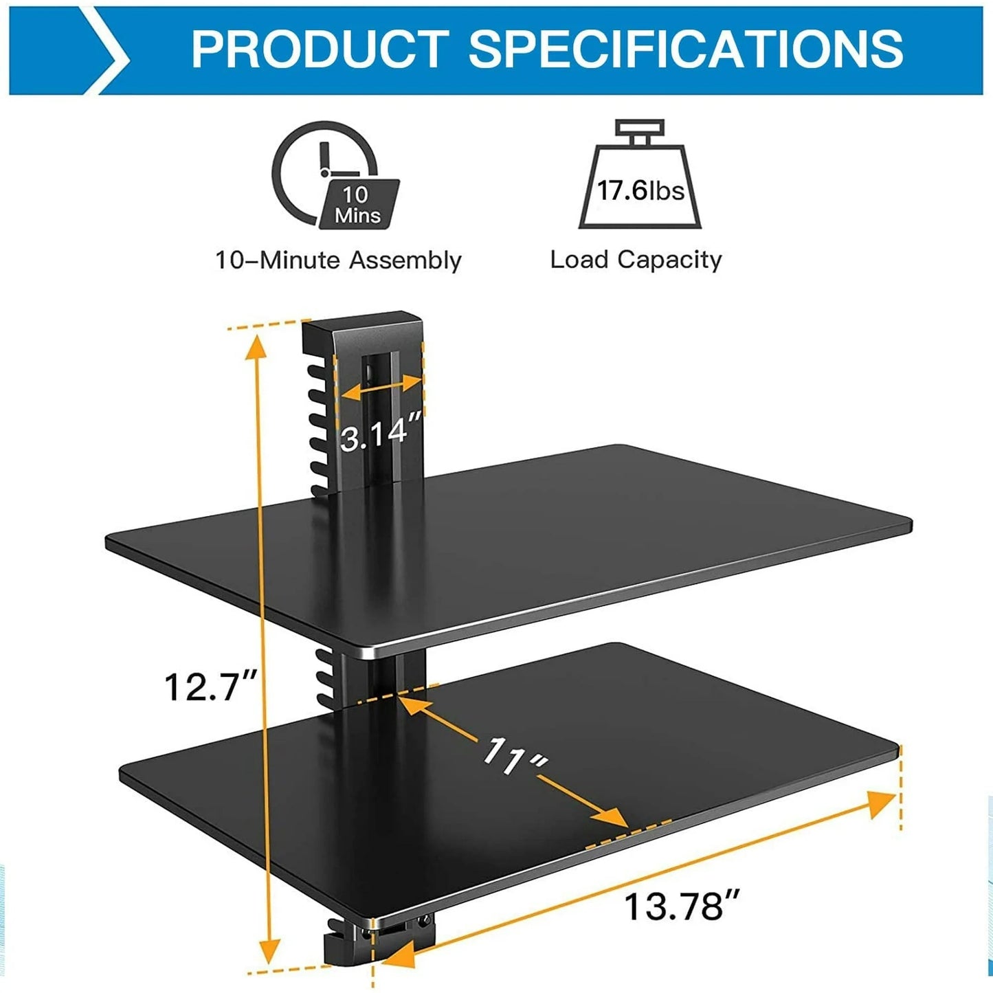 Floating AV Shelf Double Wall Mount Shelf - Holds up to 17.6lbs - DVD DVR Component Shelf - Perfect for Xbox, Projector, Wifi Router, Game Console and Cable Box