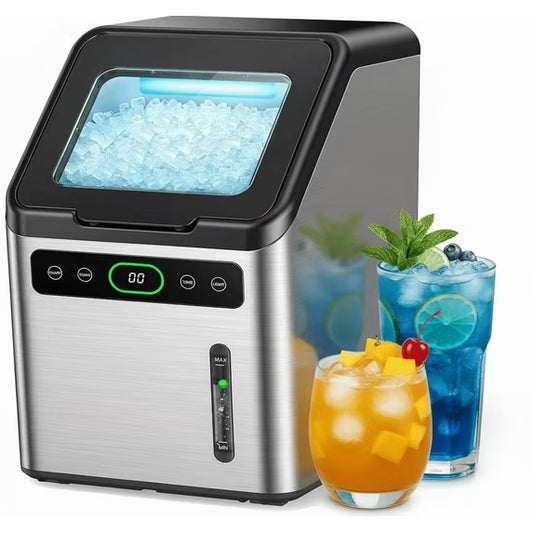 Philergo Nugget Ice Makers Countertop, 44lbs/24H with Self-Cleaning Function and Timer, Ice Maker Machine with Basket/Scoop for Home/Kitchen/Office, Stainless Steel