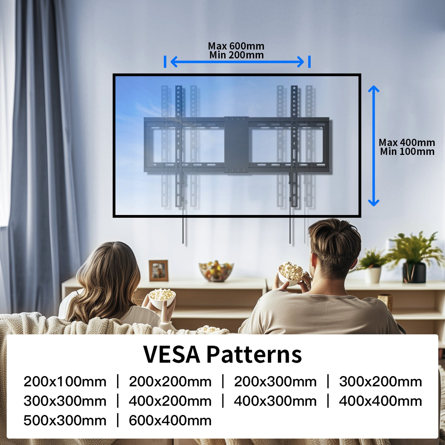 MountFTV Fixed TV Wall Mount for 32-82 inch TVs, Tilt TV Wall Bracket with Adjustable Pull Cords, Max 600 x 400mm, Hold up to 132 lbs