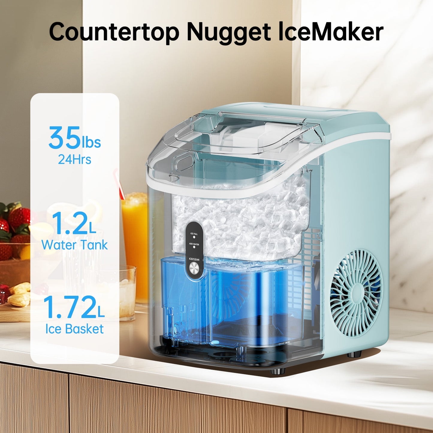 Nugget Ice Maker Countertop ,Pebble Ice Maker Machine with Self-Cleaning Function, 33lbs/24H with Ice Scoop and Basket for Home/Kitchen/Office, Light Blue