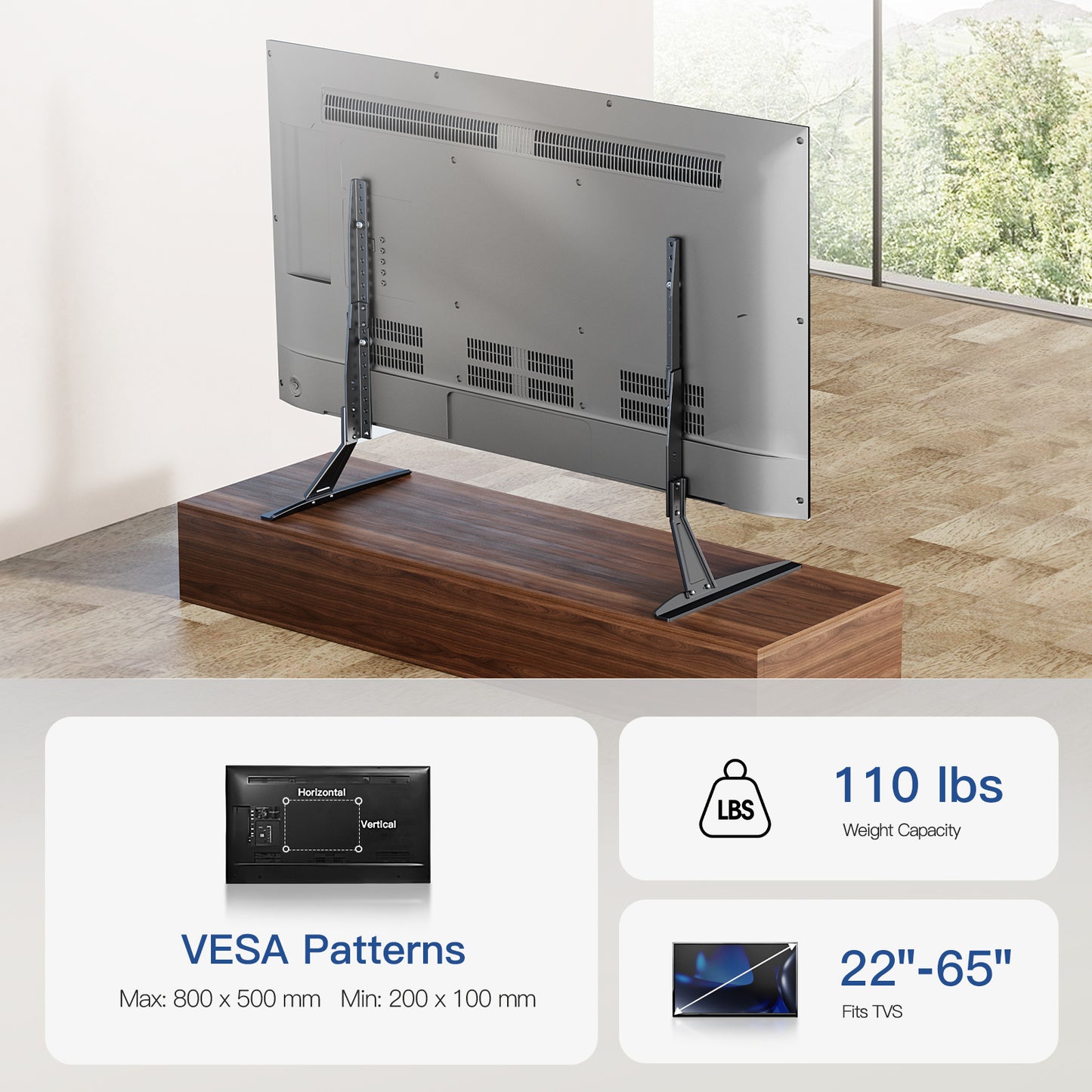 MountFTV Universal Table Top TV Stand for 22-65" Flat Screen with Height Adjustable Leg Stand Max 800x500mm, Holds up to 110 lbs