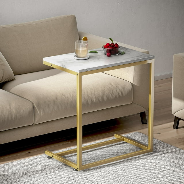 C-Shaped End Table Sofa Side Table for Couch Slide Under, White
