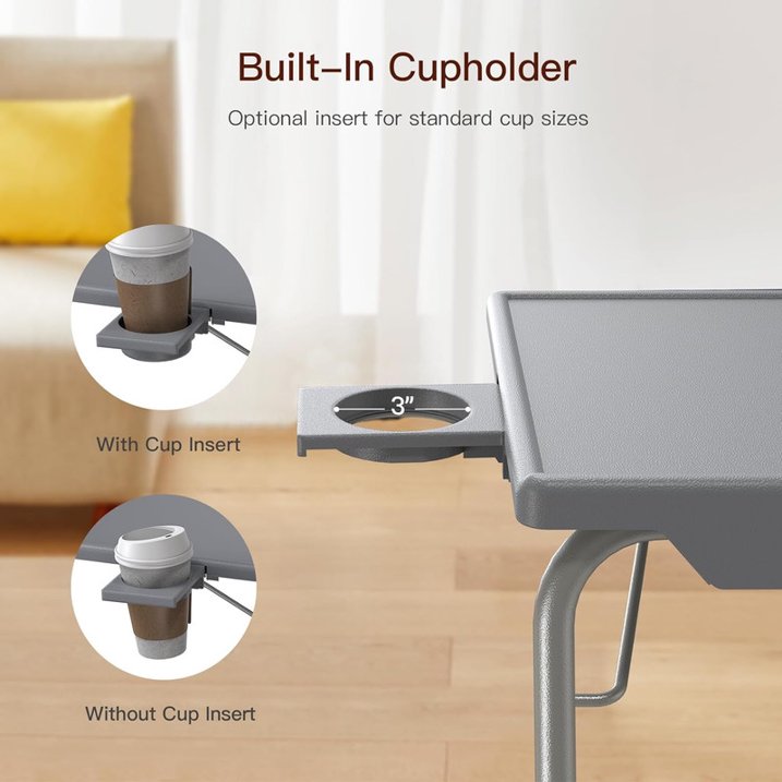 CHITOOMA Adjustable TV Tray Table with Cup Holder, 6 Height & 3 Tilt, Portable TV Dinner Tray for Eating, Bed, Couch, Folding TV Trays, Gray