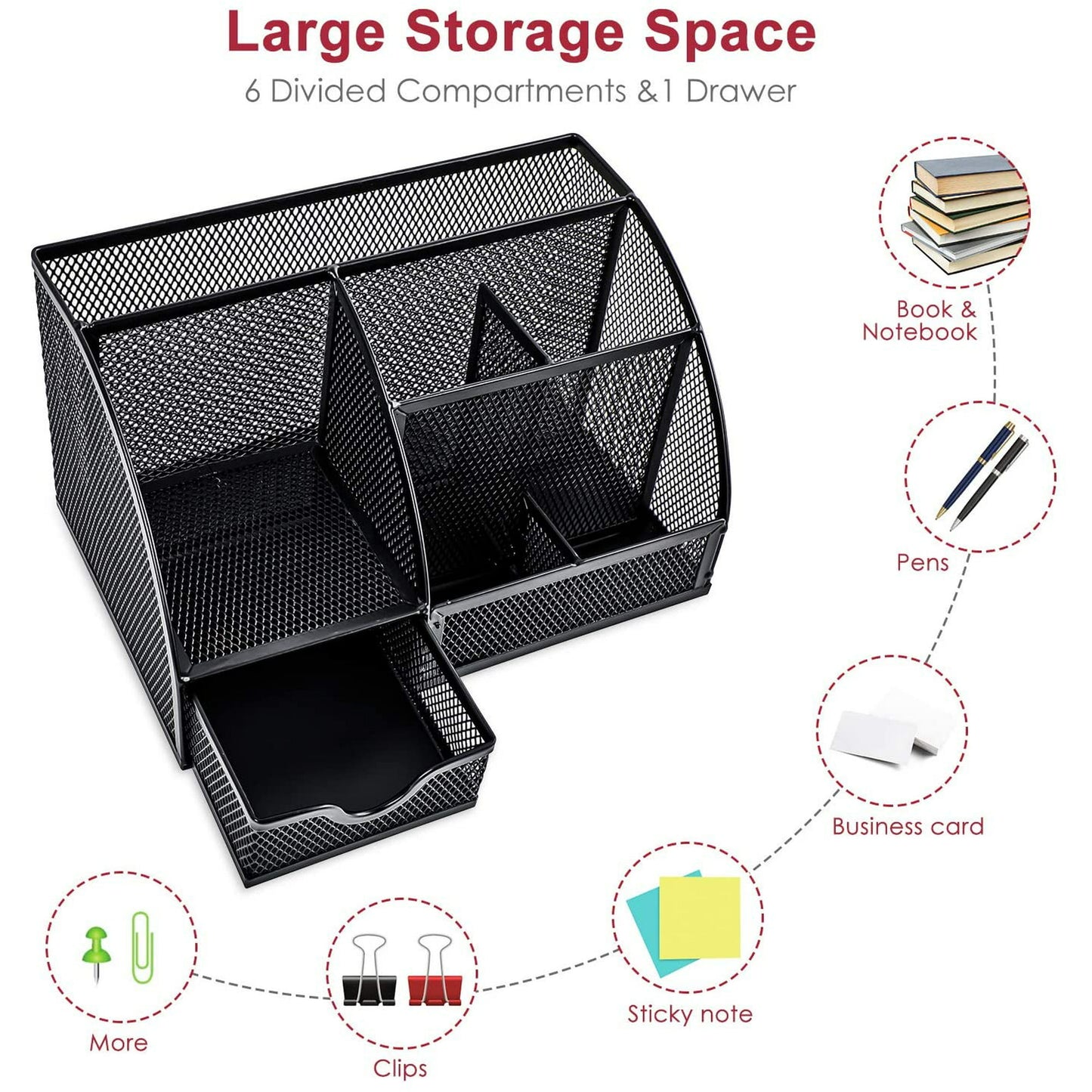 Multifunctional Office Accessories Mesh School Supplies Desk Organizer Caddy with 6 Compartments for Home,Black