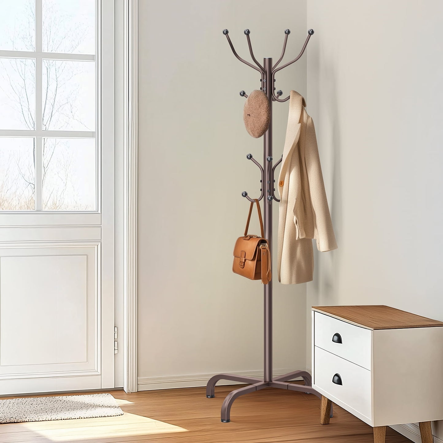 CHITOOMA 14 Hooks Coat Rack Stand Metal Storage Rack Freestanding Hat Clothing Display Stand, Bronze