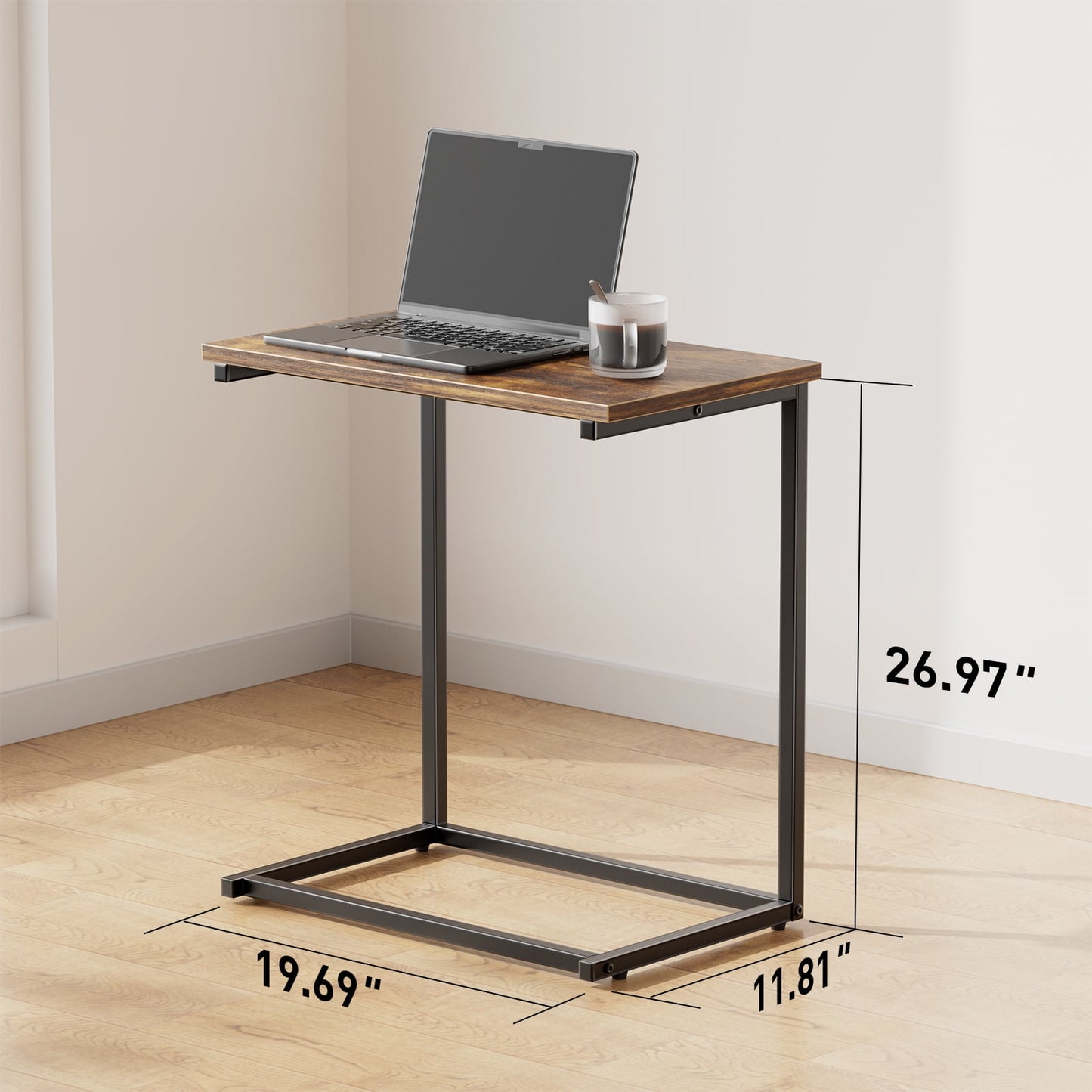 CHITOOMA C Shaped End Table, Metal Frame TV Tray, Side Couch Table for Living Room Bedroom, Rustic Brown