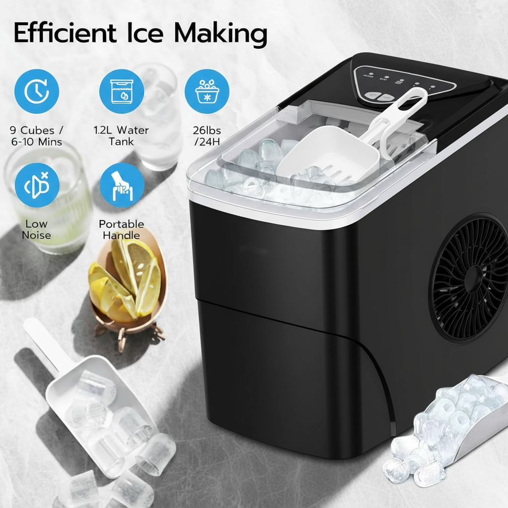 Philergo Ice Maker Countertop, 26lbs/Per Day, 9 Bullet Ice Cubes in 6 Mins, Self-Cleaning Ice Maker with Ice Scoop, Basket,2 Sizes of Bullet Shaped Ice for Home/Office/Kitchen,Black