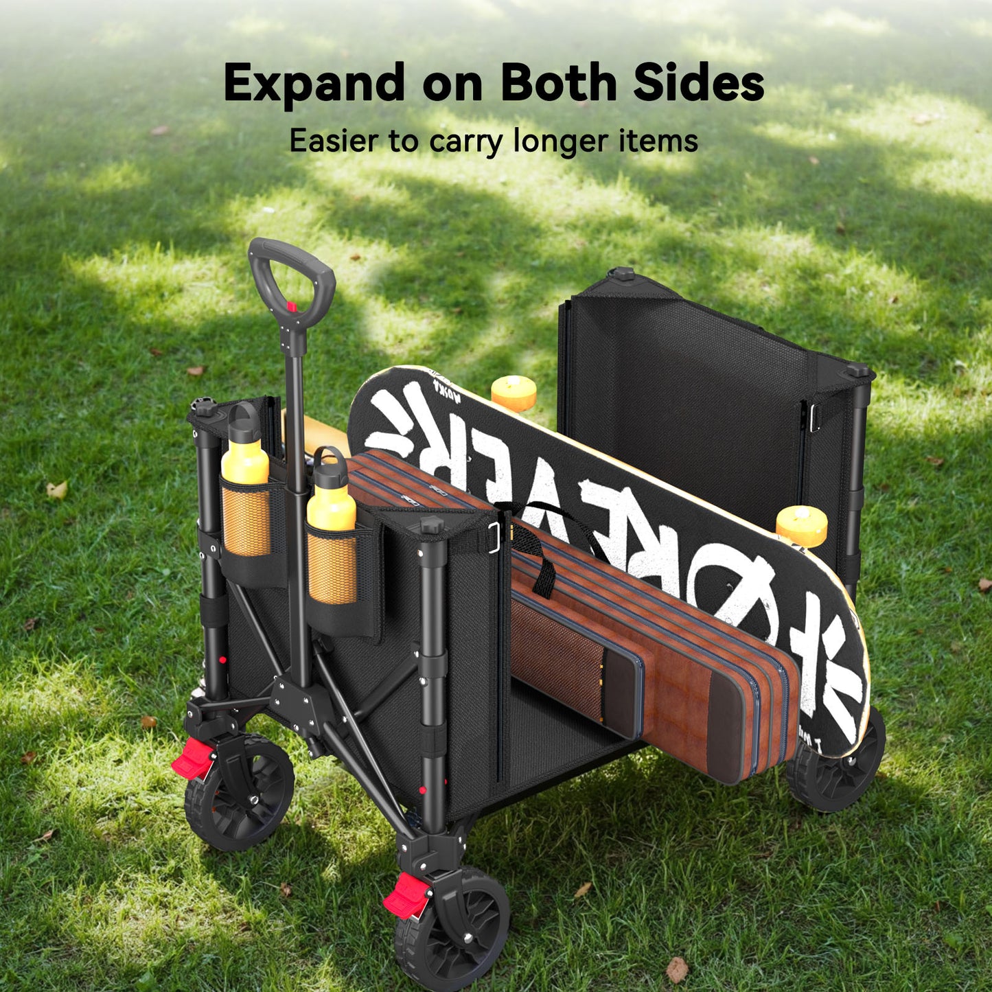 Foldable Wagon with Expandable Storage Space & Locking Front Wheels, Portable Collapsible Wagon Cart with 2 Cup Holder for Groceries, Camping, Shopping, Garden, Beach
