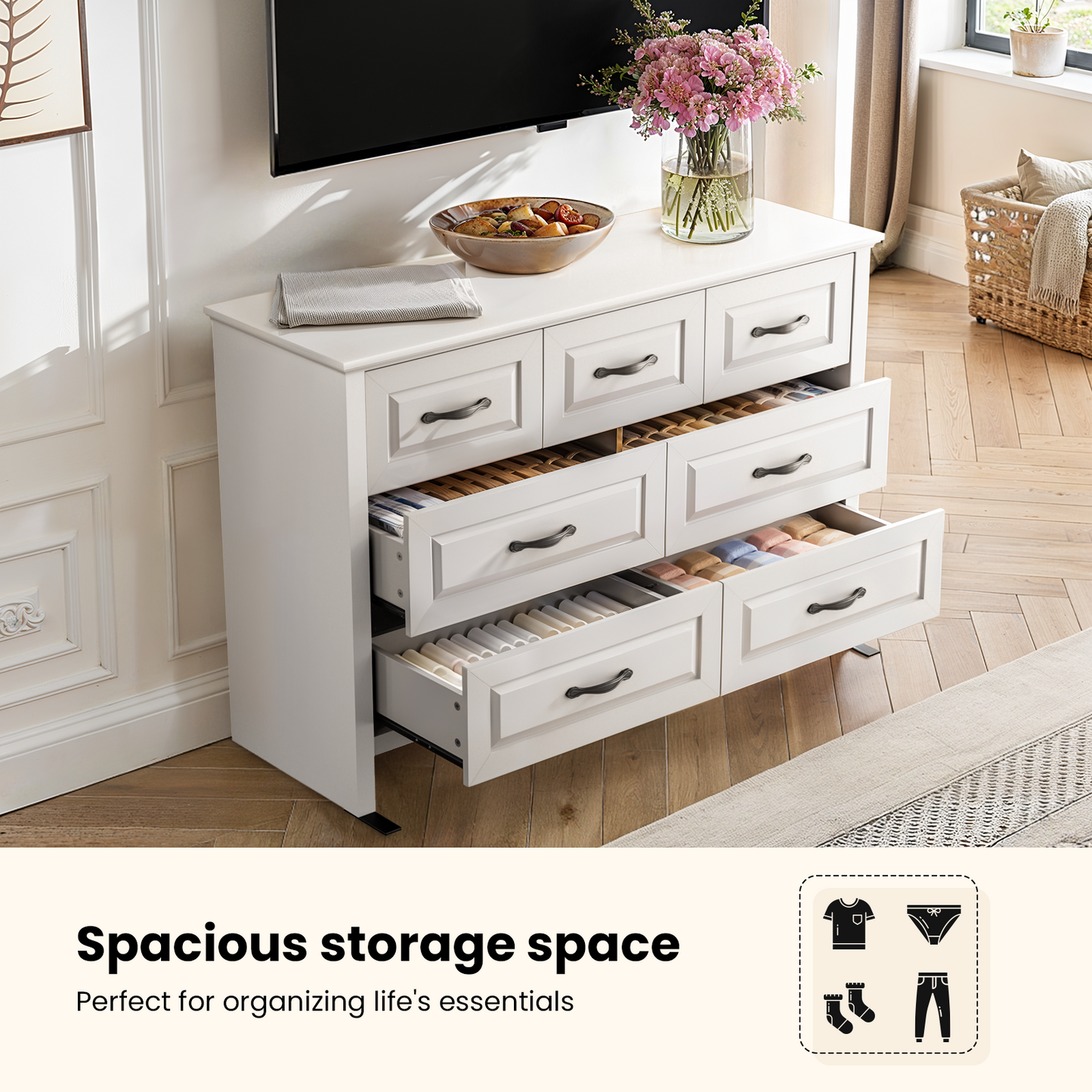 Farmhouse 7 Drawer Double Dresser for Bedroom, 47.2"W Contemporary Wood Chest of Drawer Storage Cabinet for Living Room, Hallway, Entryway, Nursery Room, White