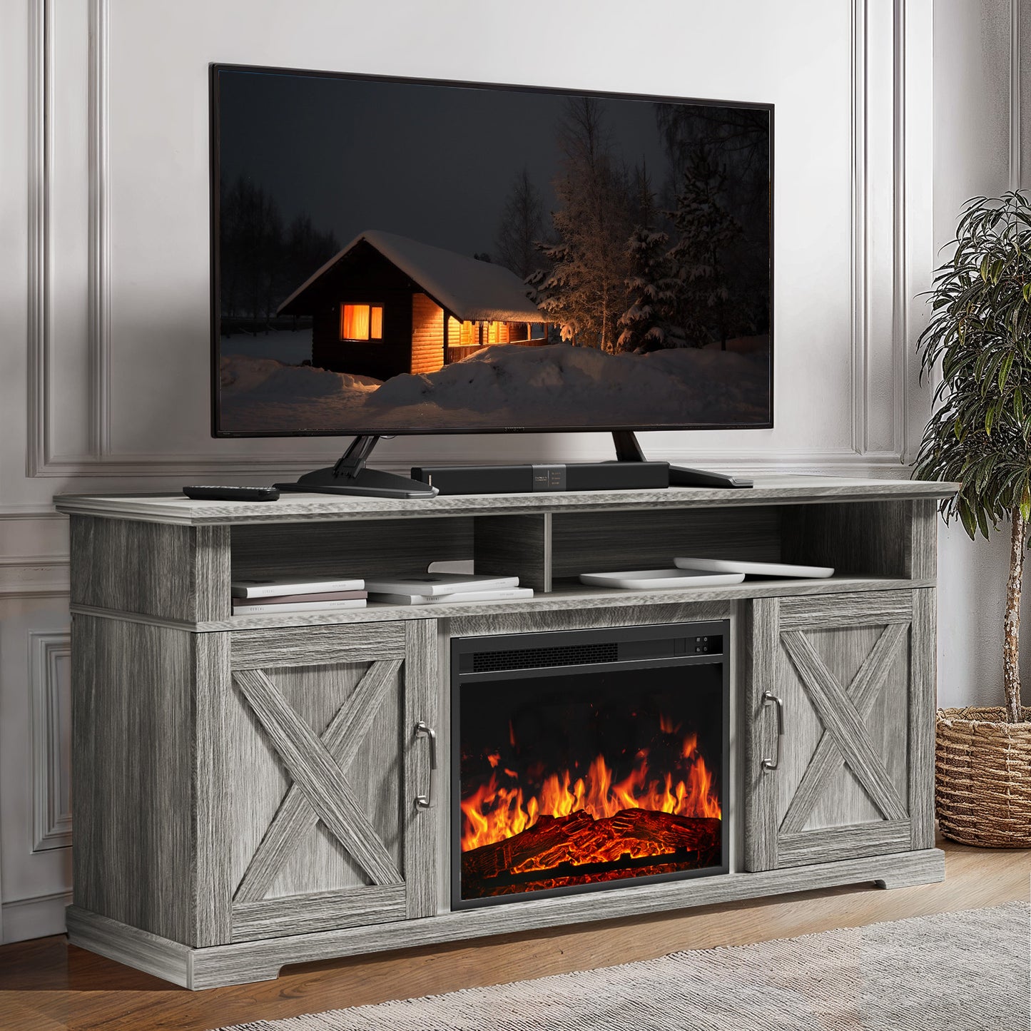 Electric Fireplace TV Stand for TVs up to 65", Farmhouse Entertainment Center with Fireplace, Grey