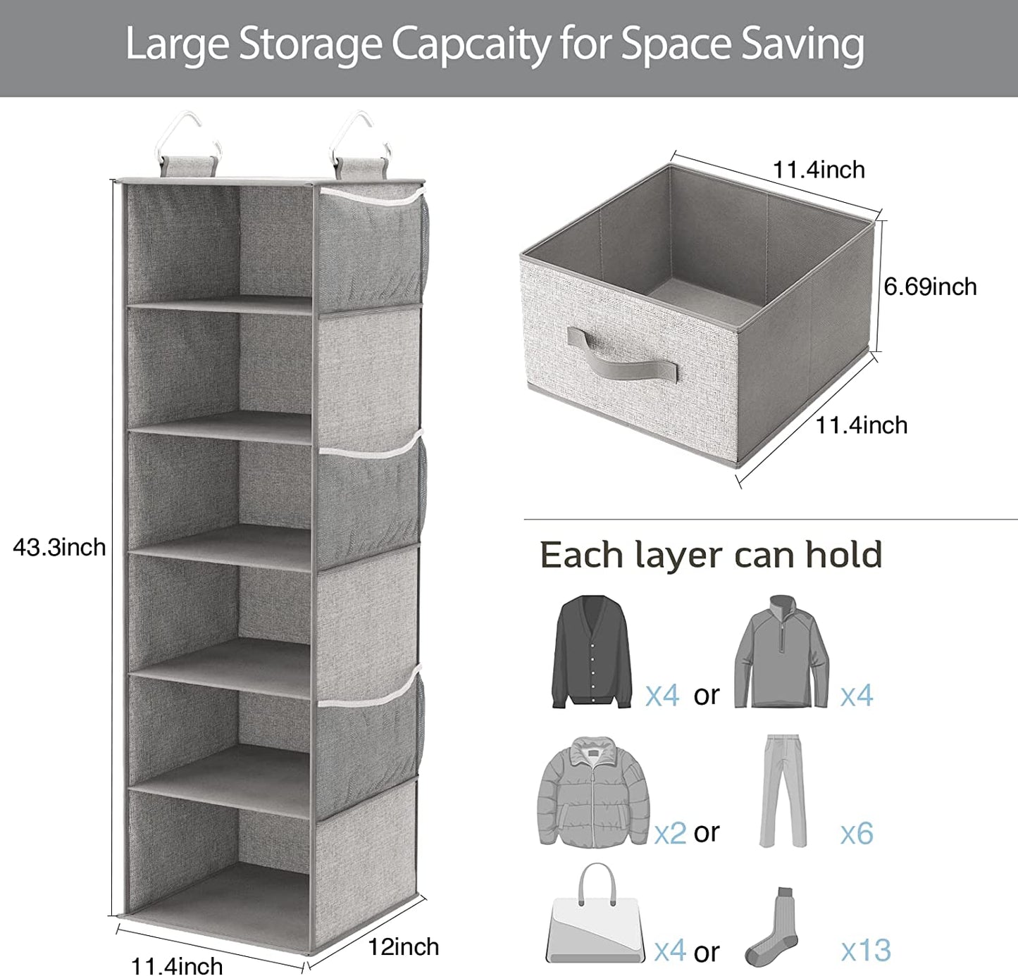 6-Shelf Hanging Closet Organizer with 3 Removable Drawers & Side Pockets Hanging Shelf Organizer for Closet, 11.4''W x 12''D x 43.3''H