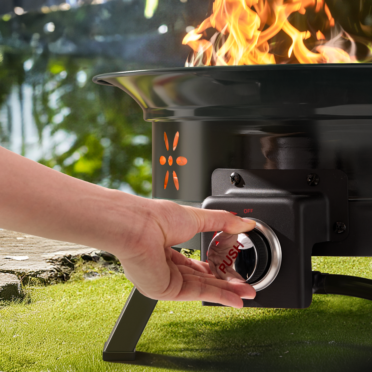 24 inch Portable Fire Pits with Grill for Outside 58000 BTU Gas Fire Bowl with Foldable Legs & Lid & Carry Kit & Lava Rock Stone