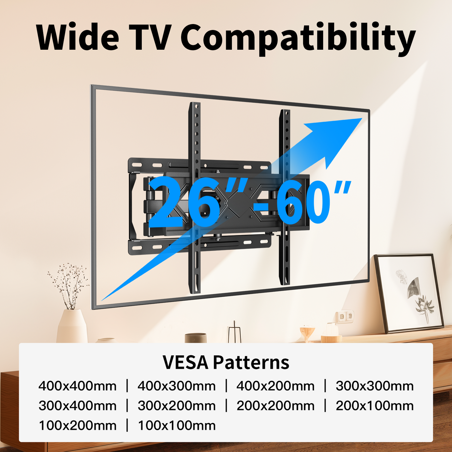 Full Motion TV Wall Mount for 26-60 inch TVs,TV Bracket up to 400x400mm,Hold up to 77lbs,Support Swivel, Tilt, Level Adjustment
