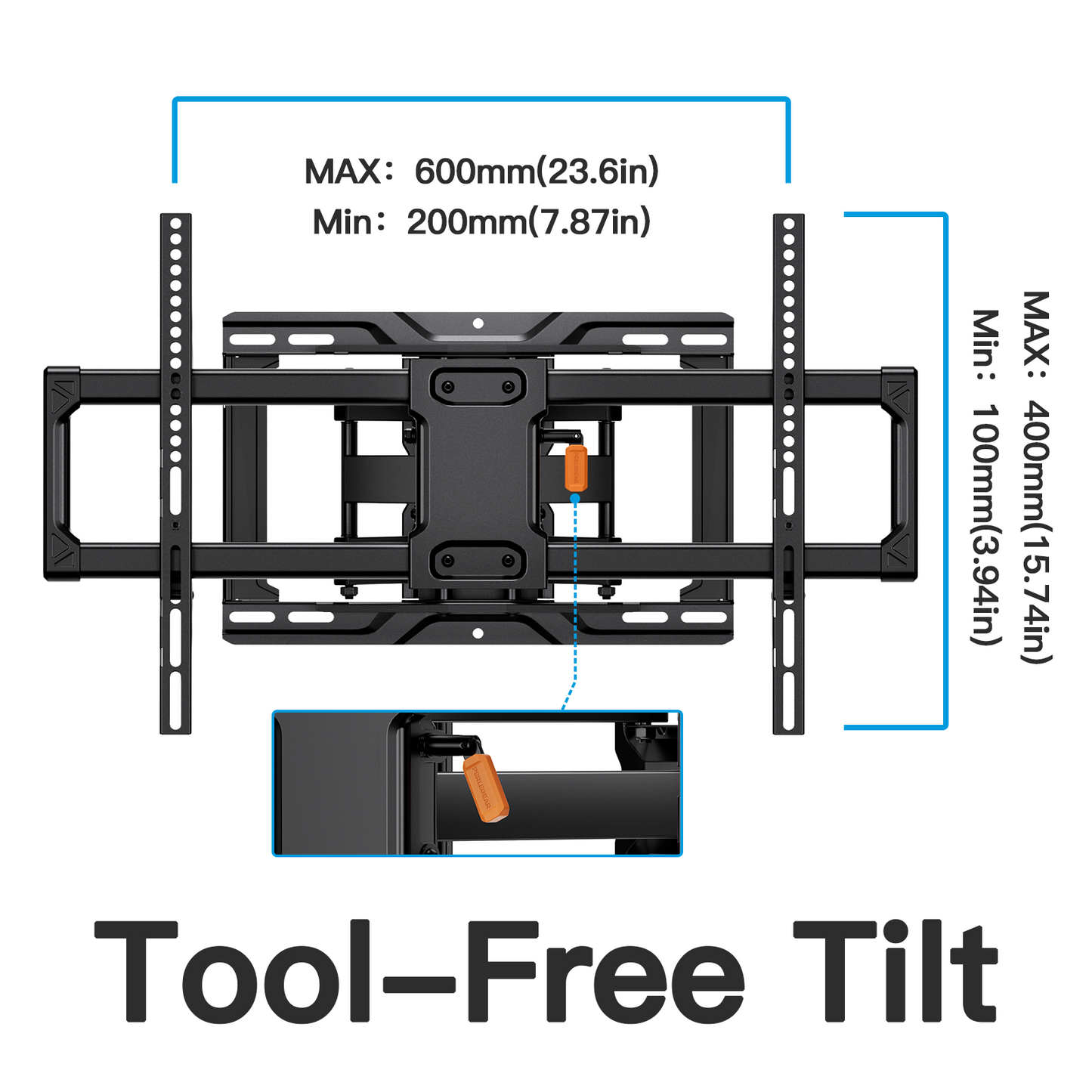 MountFTV Full Motion TV Wall Mount Bracket with Tool-Free Tilt for 37-90 inch TVs, Max 600x400mm, Holds up to 132 lbs