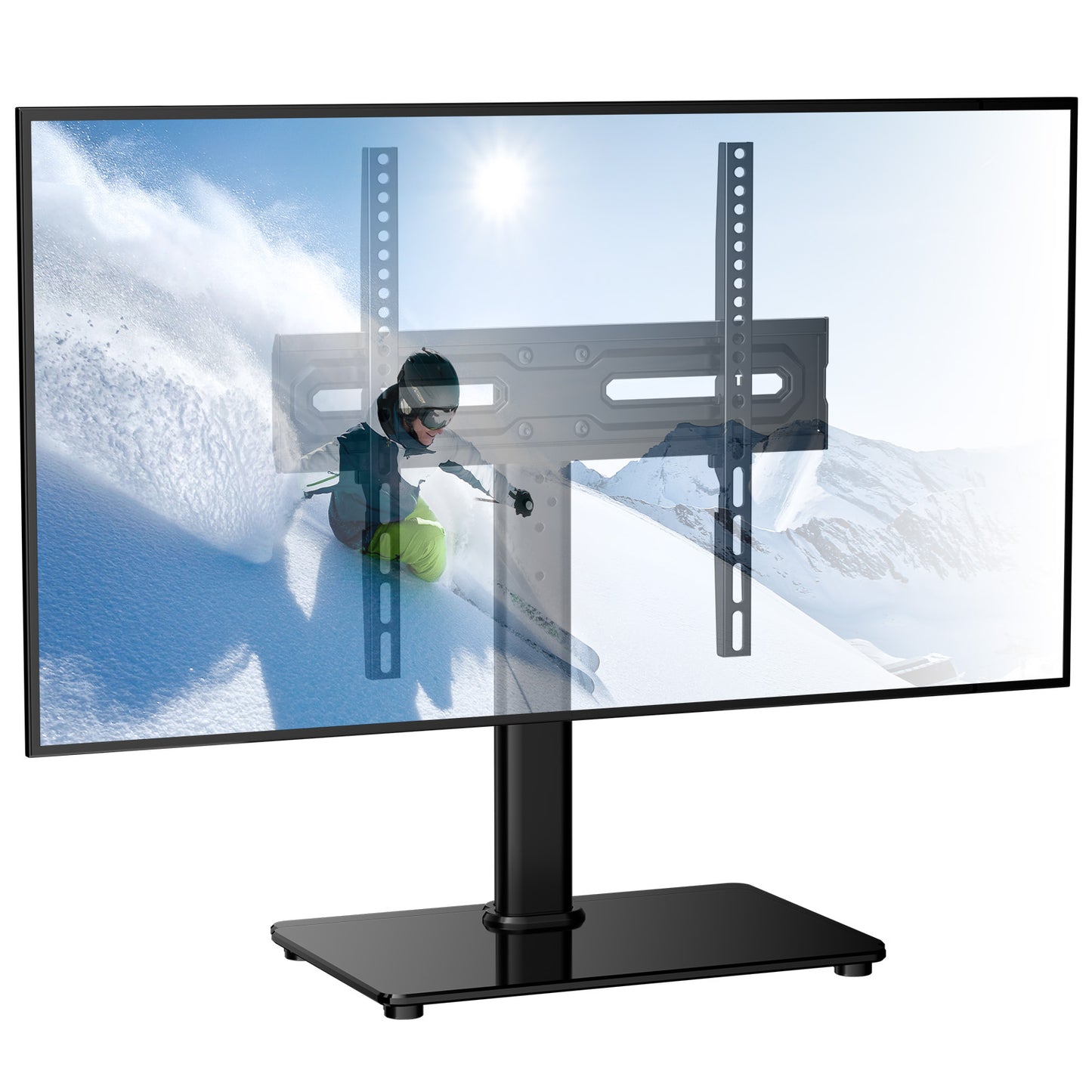 MountFTV Swivel Universal TV Stand Mount TV Stand for 27"-75" TVs Adjustable Height Table Top TV Stand Base Glass with Tray,Hold up to 100Lbs,Max 600x400mm