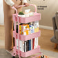 3-Tier Metal Rolling Cart Utility Cart Storage Cart with Lockable Wheels for Kitchen Bathroom Office(Pink)