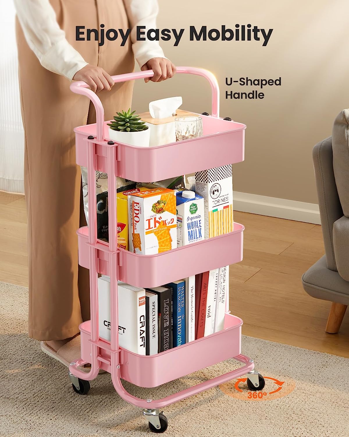 3-Tier Metal Rolling Cart Utility Cart Storage Cart with Lockable Wheels for Kitchen Bathroom Office(Pink)
