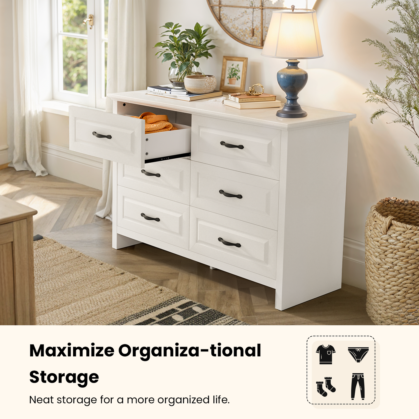 Farmhouse 6 Drawer Dresser for Bedroom, 47.2" Wide Double Dresser with Large Drawers, Wooden Chest of Drawers for Living Room, Hallway, Entryway, Nursery Room, White