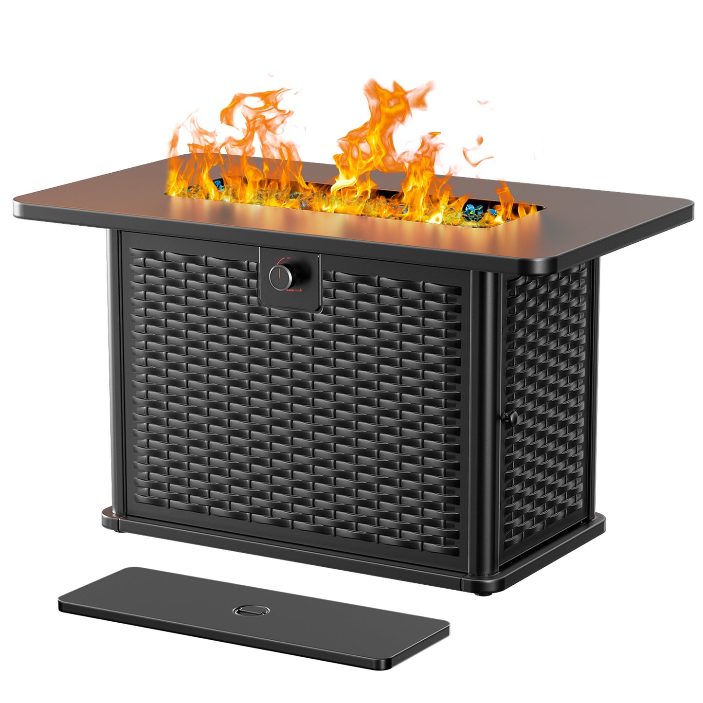 43" Rectangular Propane Gas Fire Pit Table with Glass Rocks for Patio & Garden, Black Outdoor Fireplace with Lid & Lava Rocks