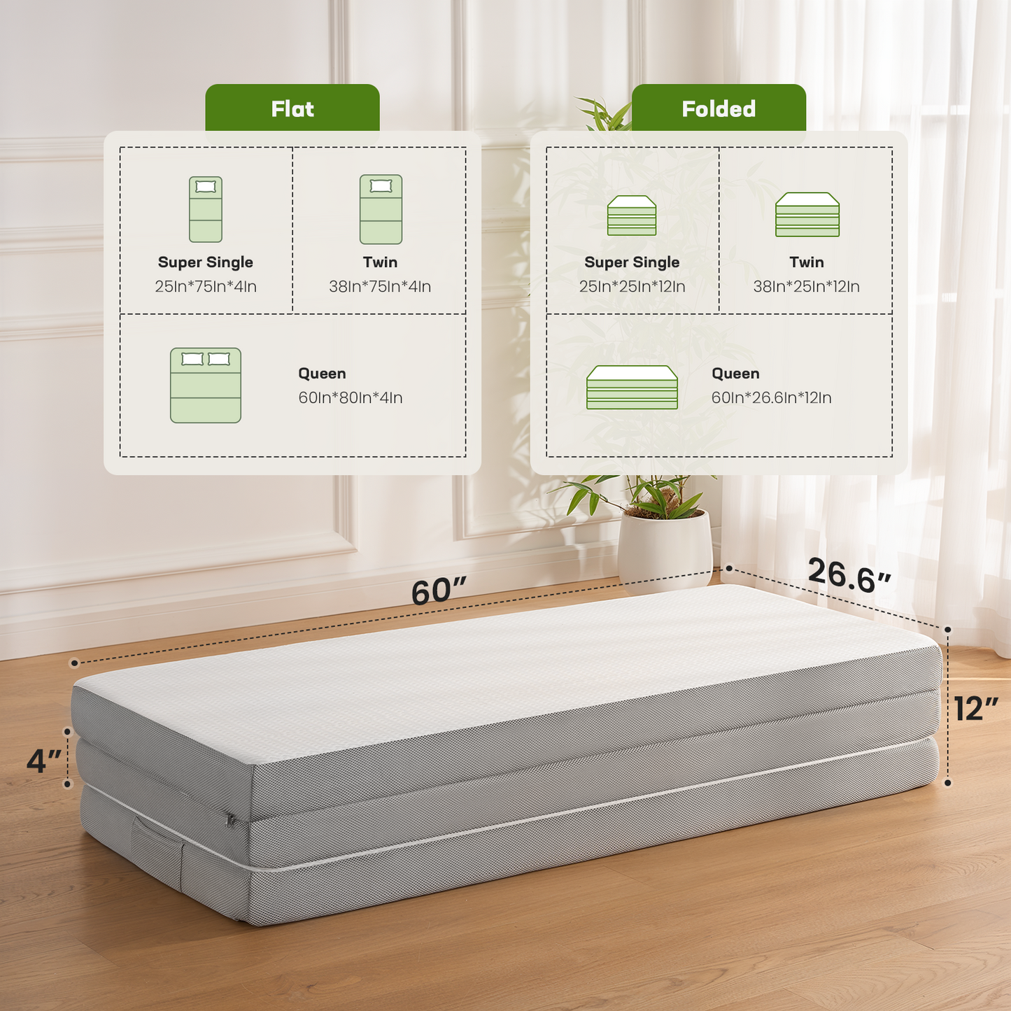 CHITOOMA 4 inch Tri Folding Memory Foam Mattresses with Removable & Washable Cover, Full