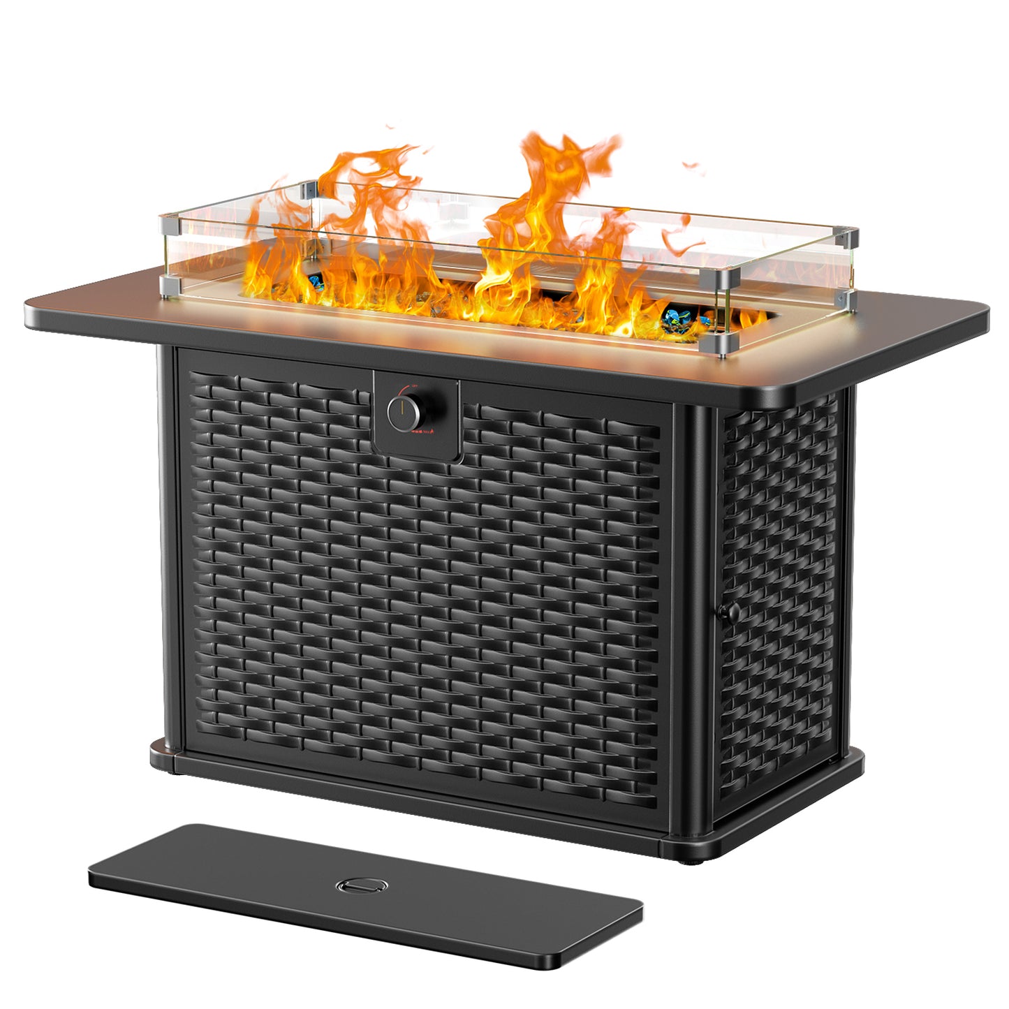43" Rectangular Propane Gas Fire Pit Table with Wind Guard & Glass Rocks for Patio & Garden, Black Outdoor Fireplace with Lid & Lava Rocks