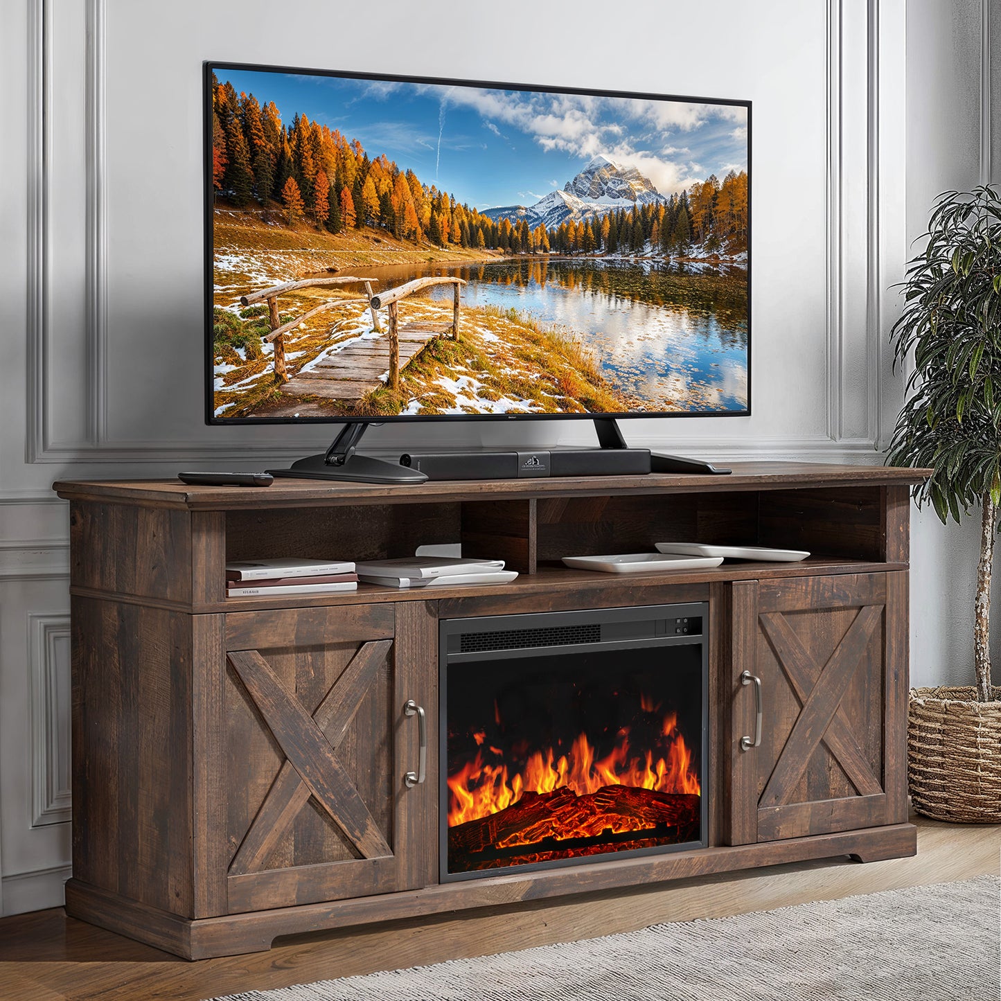 Electric Fireplace TV Stand for TVs up to 65", Farmhouse Entertainment Center with Fireplace, Vintage Brown