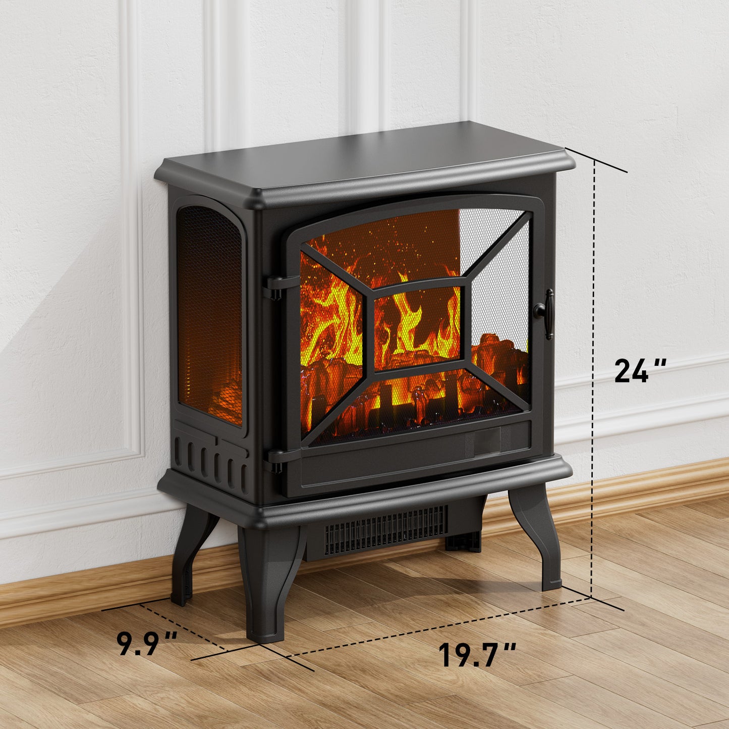 24'' Freestanding Electric Fireplace Heater Stove Portable Infrared Fireplace for Indoor, W/ Remote, Thermostat, 3 Variable Flame