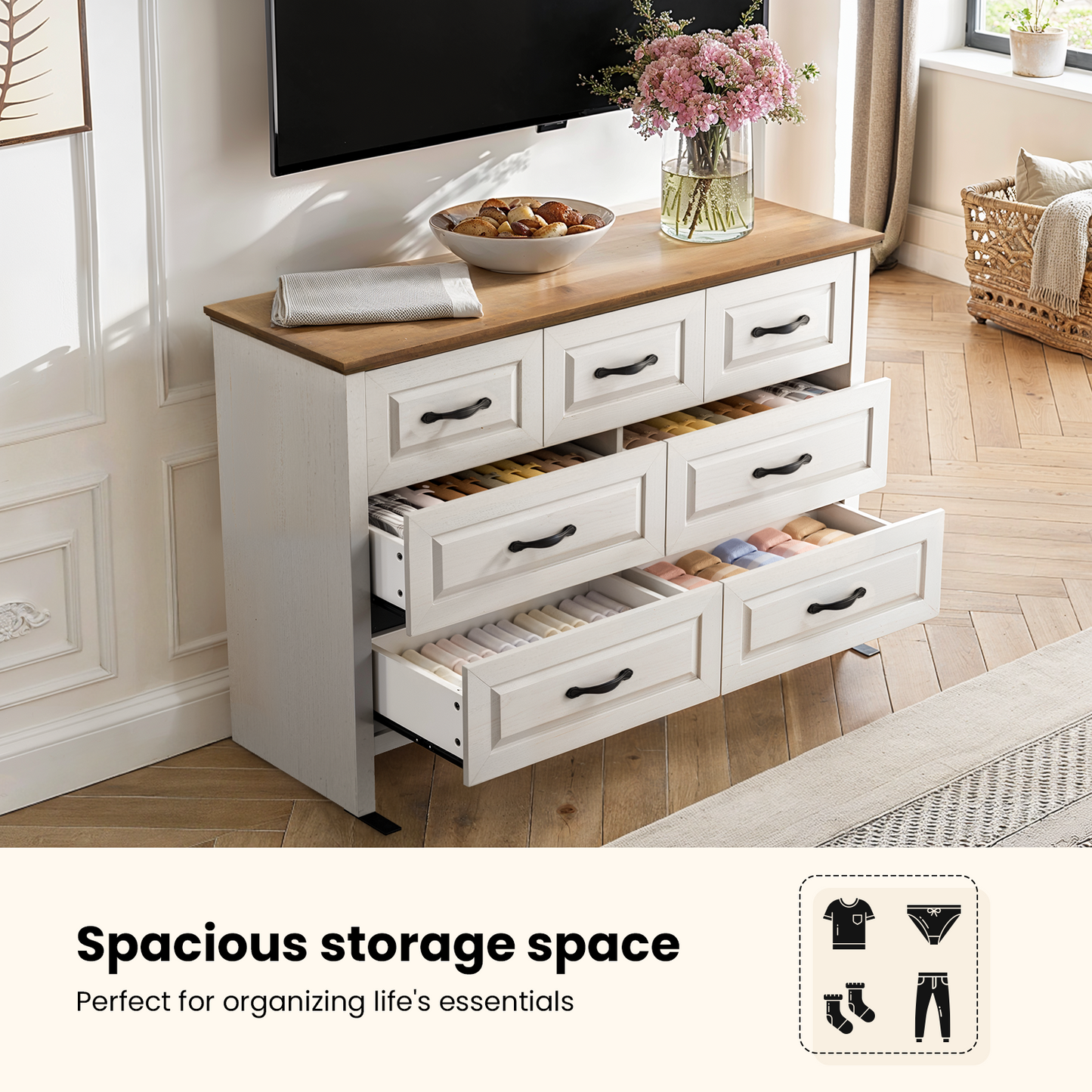 Farmhouse 7 Drawer Double Dresser for Bedroom, 47.2"W Contemporary Wood Chest of Drawer Storage Cabinet for Living Room, Hallway, Entryway, Nursery Room, White & Brown