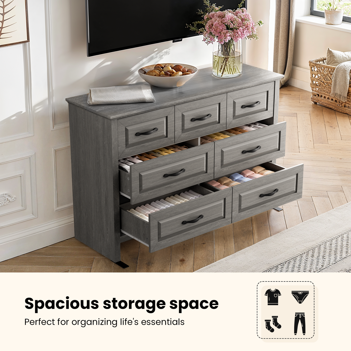Farmhouse 7 Drawer Double Dresser for Bedroom, 47.2"W Contemporary Wood Chest of Drawer Storage Cabinet for Living Room, Hallway, Entryway, Nursery Room, Gray