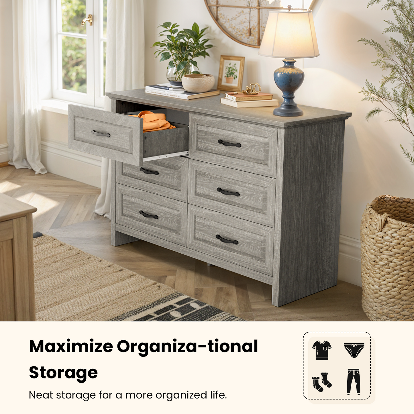 Farmhouse 6 Drawer Dresser for Bedroom, 47.2" Wide Double Dresser with Large Drawers, Wooden Chest of Drawers for Living Room, Hallway, Entryway, Nursery Room, Gray