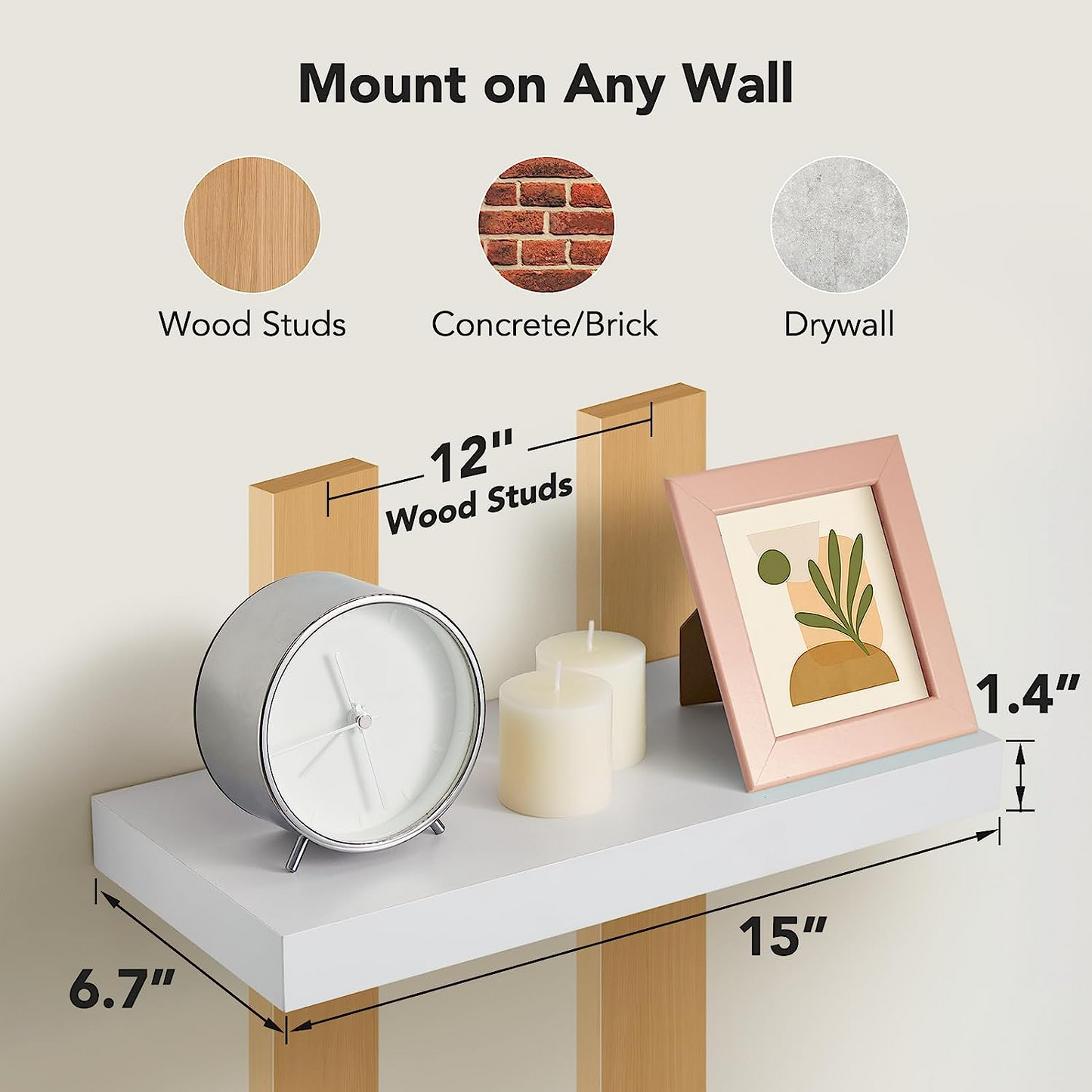 2Pcs/Set 15" Wood Wall Mounted Floating Shelves Storage Shelving For Living Room, Dining Room, Office, Bedroom