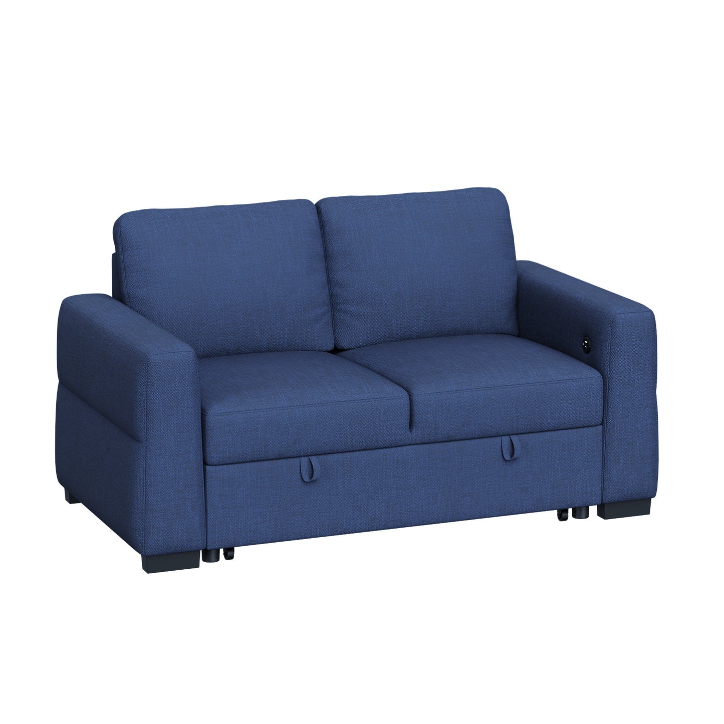 CHITOOMA 60'' Linen Pull Out Sofa Bed Convertible Sleeper Couch with Charging Port, Upholstered Sectional Sofa with 2 Pillows, Reclining Sofas for Living Room, Blue