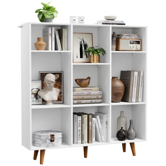 CHITOOMA Wood Bookcase with 3 Adjustable Shelves, 3-Tier 9-Cube Storage Organizer Bookshelf with Solid Legs for Home Office or Living Room, White