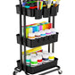 3-Tier Metal Rolling Cart Utility Cart Storage Cart with Lockable Wheels, 3 Hanging Cups & 4 Hooks for Office, Kitchen, Black