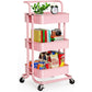3-Tier Metal Rolling Cart Utility Cart Storage Cart with Lockable Wheels for Kitchen Bathroom Office(Pink)