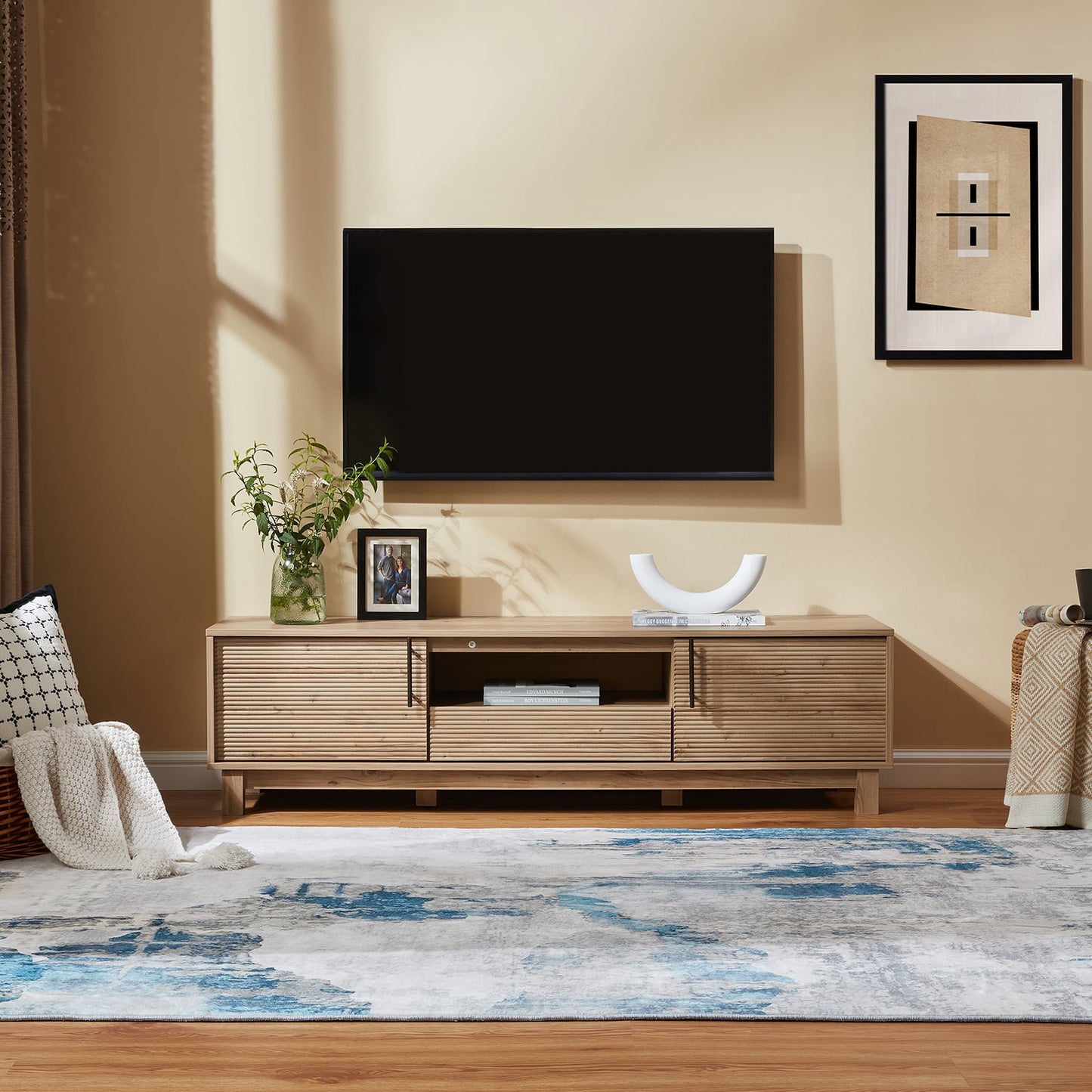 Mid-Century Modern Low Profile Entertainment TV Stand for 65/60/55 inch TV, Farmhouse Entertainment Center with 2 Fluted Door and Storage Living Room, Nature