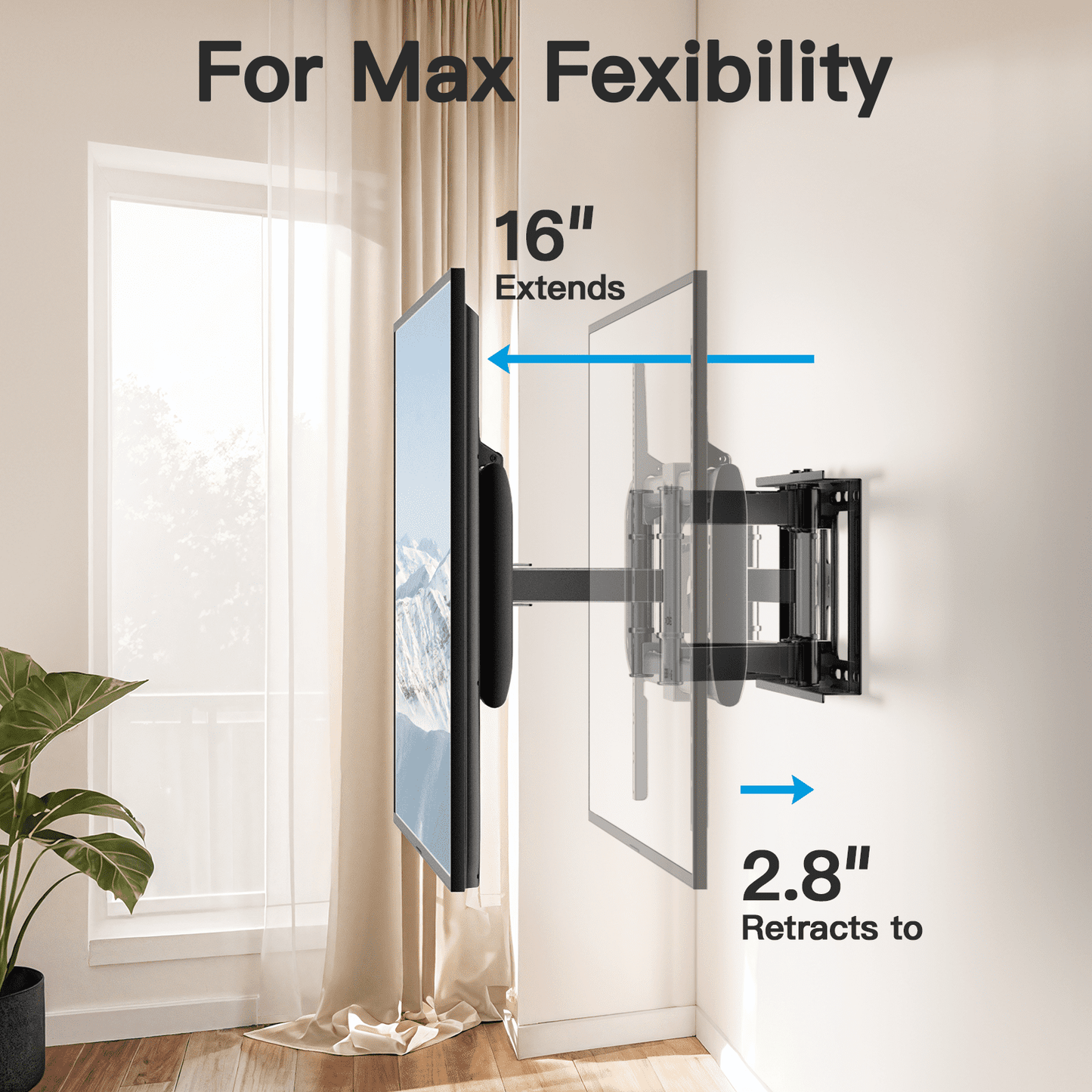 MountFTV Full Motion TV Wall Mount Bracket for 37-90 inch TVs, Max 600x400mm, Holds up to 132lbs