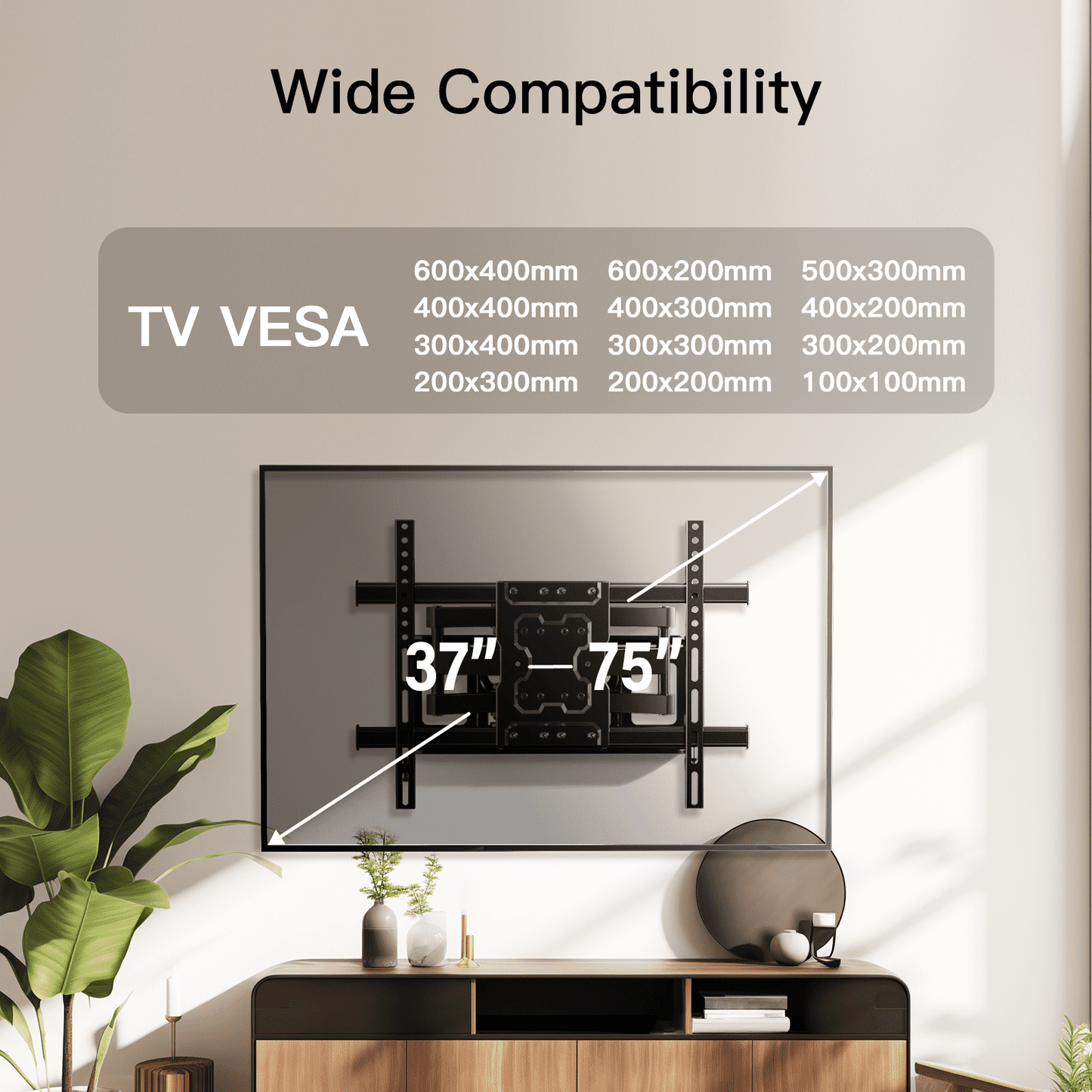 Full Motion TV Wall Mount Bracket for 37-75 inch Flat Curved TVs, Max 600x400mm,Holds up to 132lbs