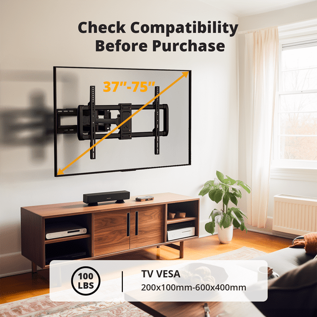 MountFTV Full Motion TV Wall Mount Bracket Tilting Swivel for Most 37-75 Inch LED LCD OLED Flat/Curved Screen TVs,max 600x400mm, Holds up to 100 lbs