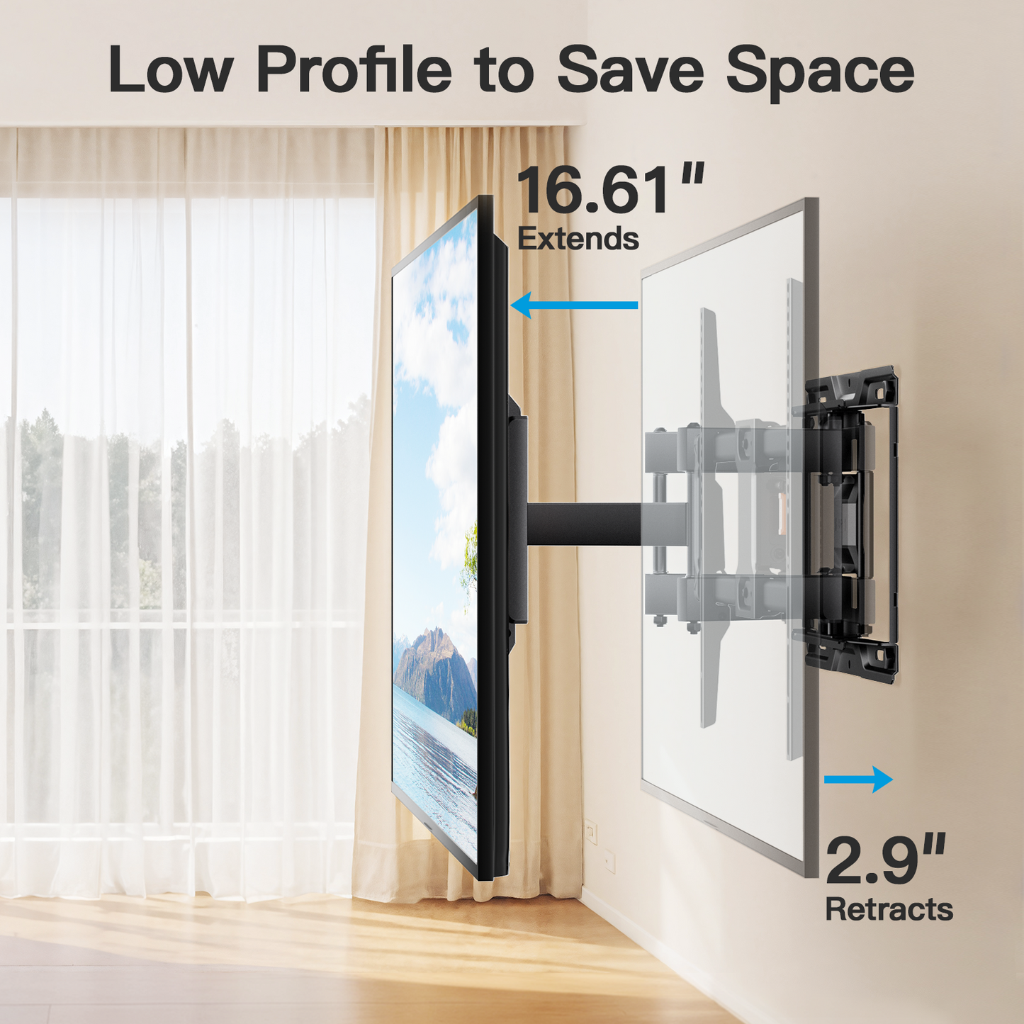 MountFTV Full Motion TV Wall Mount Bracket with Tool-Free Tilt for 37-90 inch TVs, Max 600x400mm, Holds up to 132 lbs