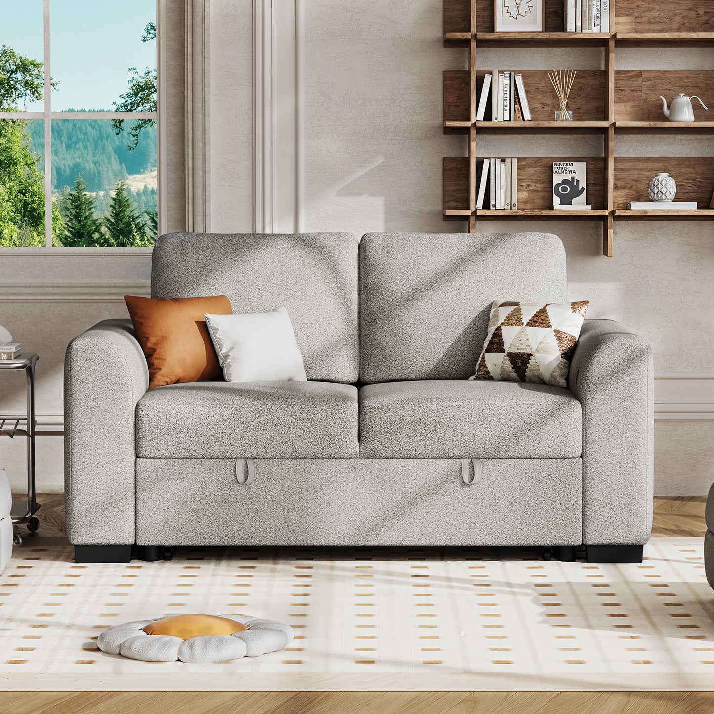 CHITOOMA 60'' Pull Out Sofa Bed Convertible Sleeper Couch with Charging Port, Upholstered Sectional Sofa with 2 Pillows, Reclining Sofas for Living Room, Beige