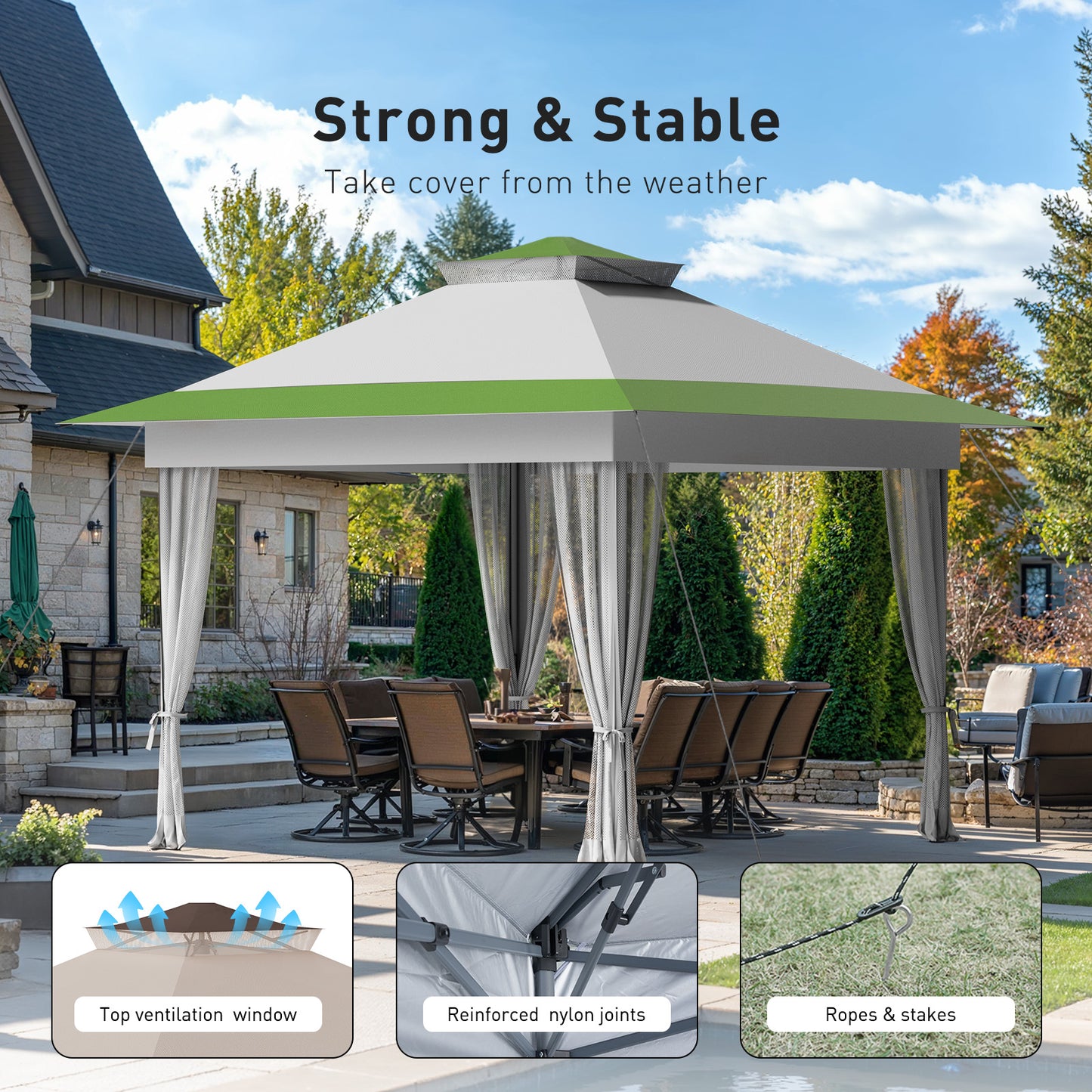 CHITOOMA 13 x 13 ft Outdoor Pop-up Gazebo, Patio Canopy Tent with Mosquito Nettings Vented Top and 169 Square ft of Shade for Garden, Party, Backyard, Green