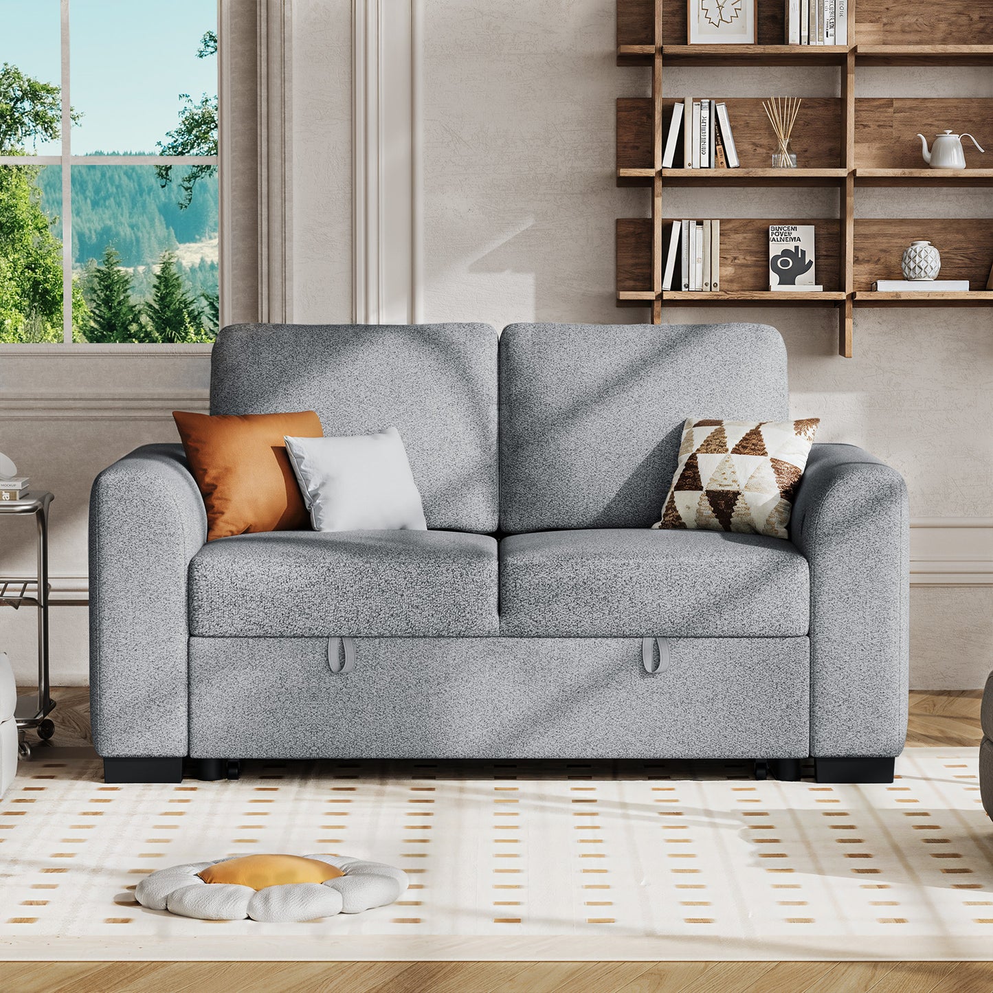 CHITOOMA 60'' Pull Out Sofa Bed Convertible Sleeper Couch with Charging Port, Upholstered Sectional Sofa with 2 Pillows, Reclining Sofas for Living Room, Light Gray