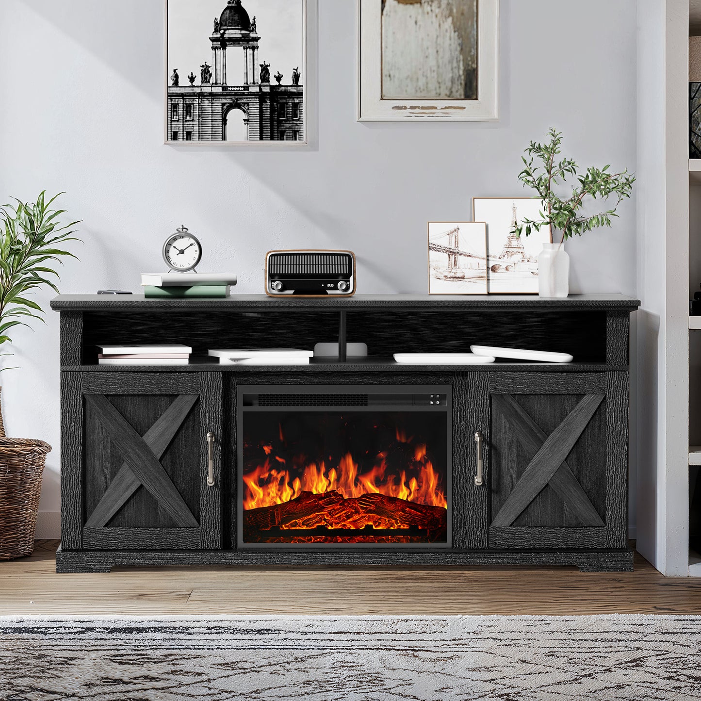 Electric Fireplace TV Stand for TVs up to 65", Farmhouse Entertainment Center with Fireplace, Black