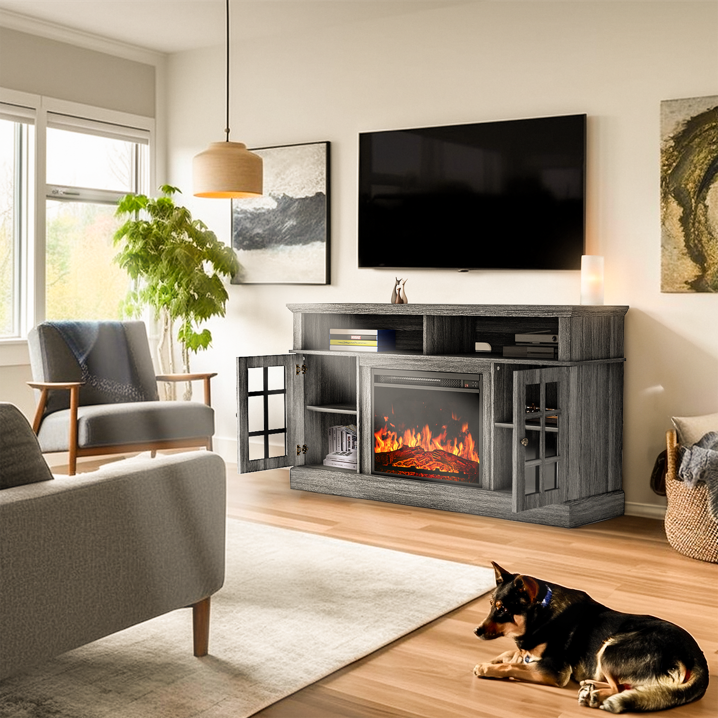 Electric Fireplace TV Stand for 65″ TVs with remote control Fireplace Entertainment Center TV Console Table with 23″ Fireplace, Holds up to 200 lbs