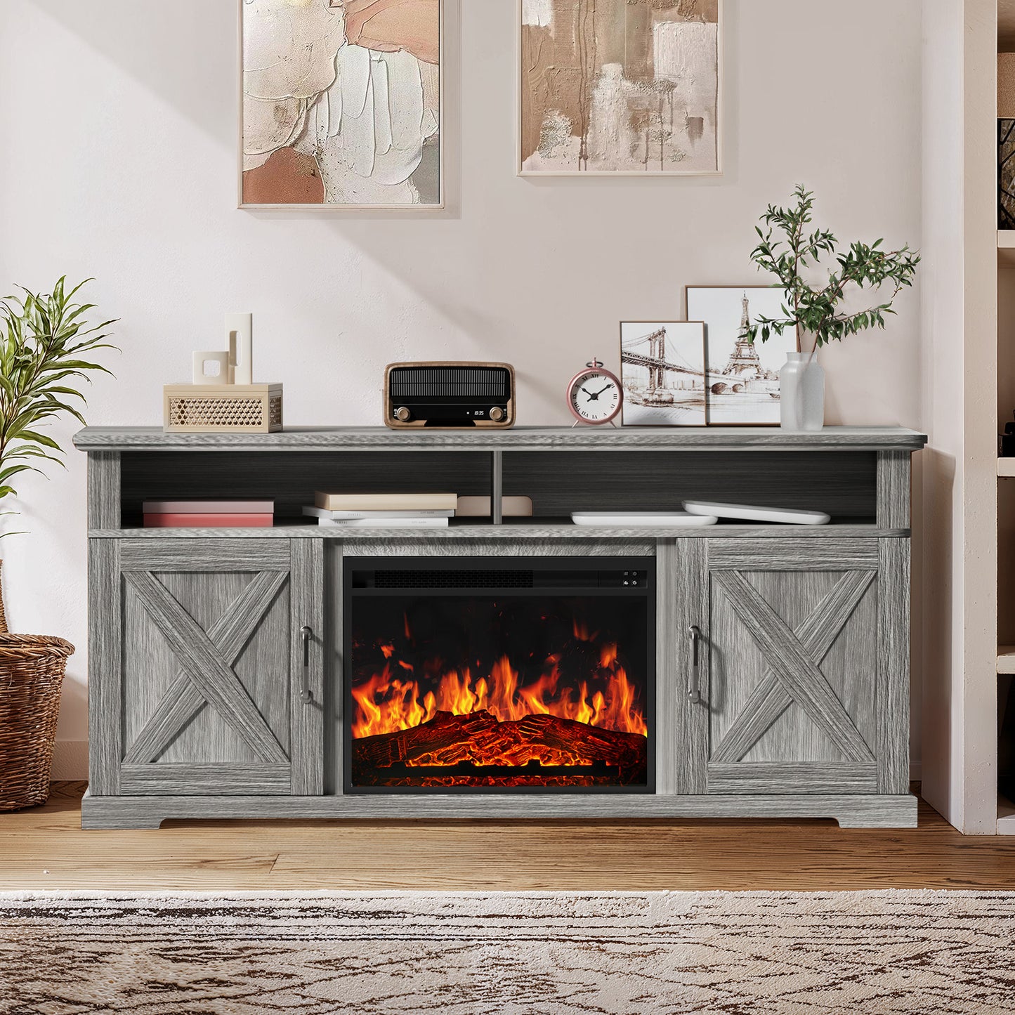Electric Fireplace TV Stand for TVs up to 65", Farmhouse Entertainment Center with Fireplace, Grey